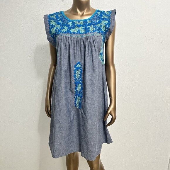 MI GOLONDRINA Flores Shift Dress Gray Blue Embroidered Sleeveless Oaxaca Size M - Picture 1 of 12